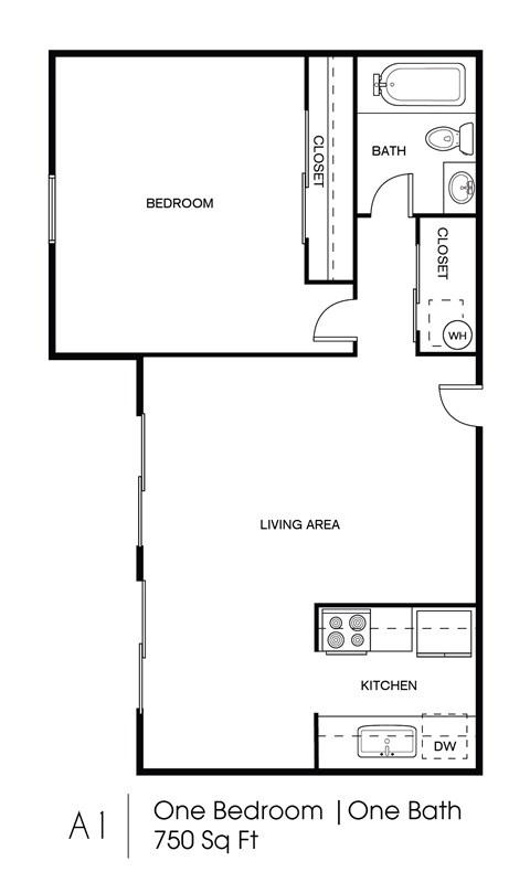 Floor plan for 1 bed, 1 bath, 750 sqft